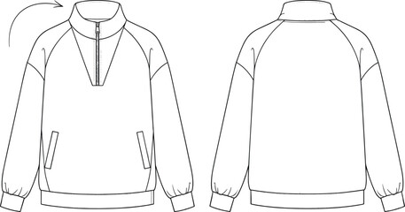 Vector Fashion Flat Sketch of Men's Quarter-Zip Sweatshirt Featuring a Stand-Up Collar Raglan Sleeves Welt Side Pockets and Ribbed Cuffs for Apparel Design Template