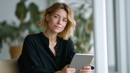 Fototapeta premium Young professional woman holding tablet in bright modern office