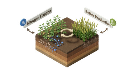 Crop rotation, nitrogen fixation, legume cover crop, cereal crop field, soil profile cross section, root system, sustainable farming infographic, 3D illustration.