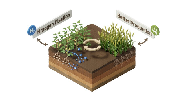 Crop rotation, nitrogen fixation, legume cover crop, cereal crop field, soil profile cross section, root system, sustainable farming infographic, 3D illustration.
