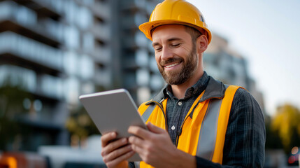 Caucasian man hard hat safety vest, smiling using digital tablet, construction site building future, professional worker display, industrial technology moment, defocused background