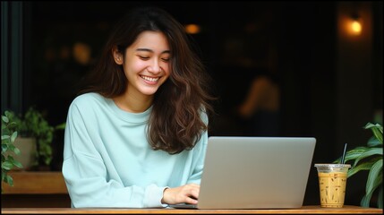 Happy Young Woman Working Remotely on Laptop at Outdoor Cafe