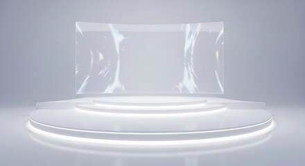 Futuristic white stage with curved screen displaying abstract light patterns and glowing neon accents