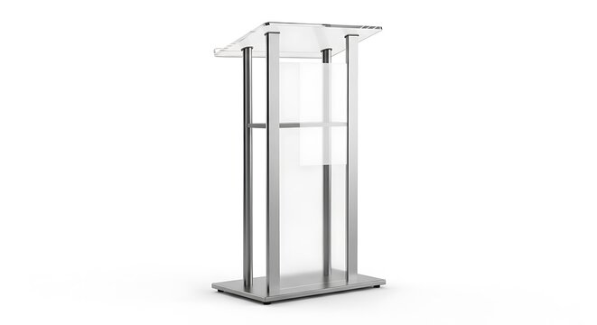 Sleek modern transparent acrylic and brushed metal podium lectern with angled for presentations and speeches