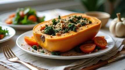 Healthy and colorful plant-based Thanksgiving meal featuring roasted squash and autumn vegetables in a bright, modern setting.