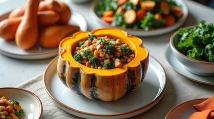 Healthy and colorful plant-based Thanksgiving meal featuring roasted squash and autumn vegetables in a bright, modern setting.