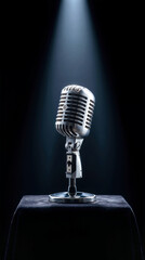 Vintage microphone, spotlight, stage, freedom of speech, protest voice, broadcasting concept, silver mic on stand in dark studio with dramatic light and copy space.