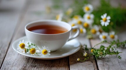 Serene Tea Time with White Cup and Fresh Chamomile Flowers on Rustic Wooden Table
