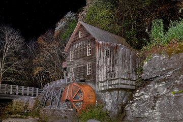 Light painted Glade Grist Mill in West Virginia at 3:00 am.