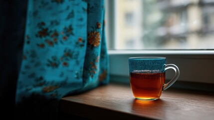 Cozy tea moment by the window with a colorful curtain, inviting ambiance, warm tones, and a serene atmosphere for relaxation and comfort