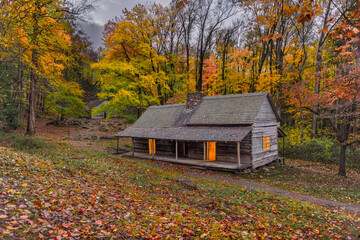 Historic Ben Ogle Cabin in the great Smoky Mountains at sunrise