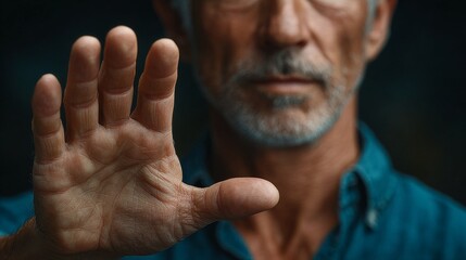 Fototapeta premium A man's hand extended forward, displaying a gesture of halt or caution. The focus is on the hand, with the face of a man with mature features and a thoughtful expression visible in the background