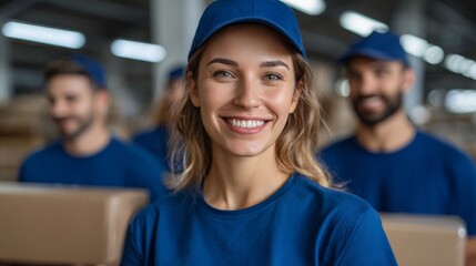 Smiling worker in a warehouse with a group of other employees