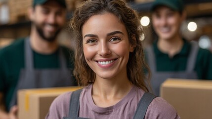 Warehouse workers smiling as a team, focused on customer service