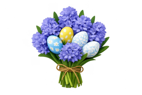 Easter eggs in purple hyacinth flower bouquet - Powered by Adobe