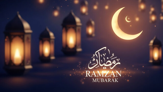 Ramzan Mubarak greeting with glowing lanterns and crescent moon