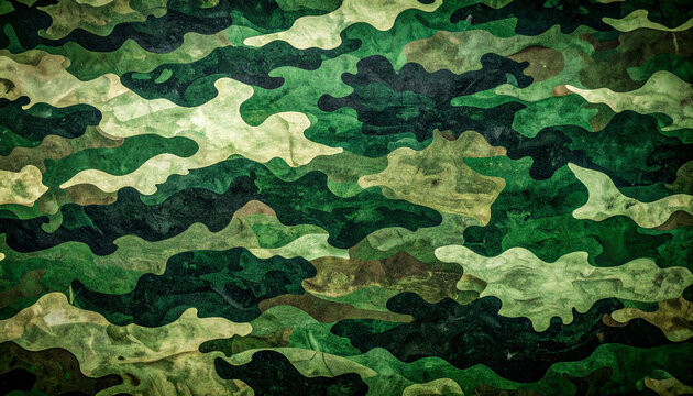 Bold textured camouflage pattern in dark green tones, featuring rugged abstract shapes