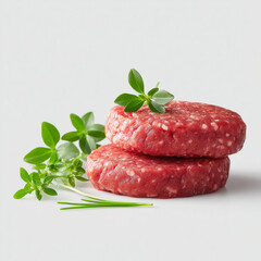 Raw beef burger patties stacked with fresh herbs on white background, clean minimal food photography for butcher shop, grocery packaging, recipe blog, healthy cooking concept