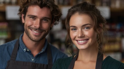 Two smiling people looking at the camera, wearing aprons. They appear to be in a store setting, with a friendly, welcoming vibe. 