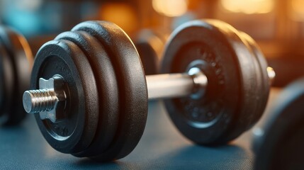 A close-up of a single dumbbell resting on a surface, highlighting its detail and texture. The lighting creates shadows, adding depth and visual interest