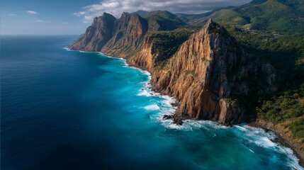 Aerial view of stunning coastal cliffs meeting the turquoise ocean. The rugged terrain and the vast sea create a sense of awe and natural beauty