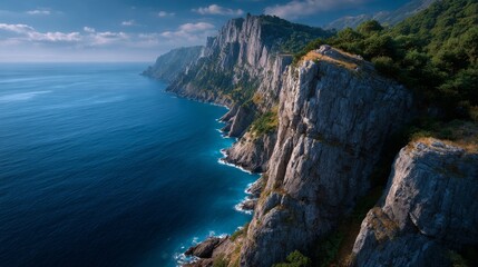 Spectacular view of a rugged coastline with tall cliffs meeting the blue ocean waters under a clear sky. A natural panorama of cliffs and sea creates a mesmerizing scene. 