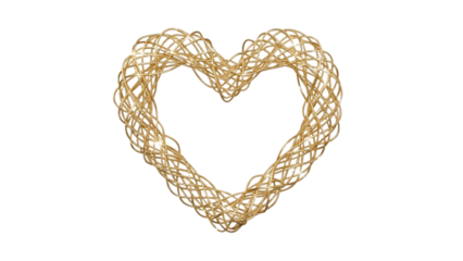 Golden wire heart shape sculpture twisted metal love symbol 3D render isolated on transparent background