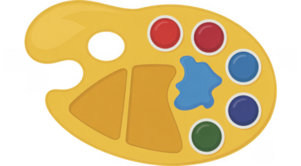 Yellow artist paint palette with colorful paints artist palette isolated on a transparent background