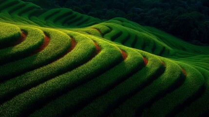 Terraced fields of vibrant green grass cascading down a rolling landscape, offering a sense of serenity.
