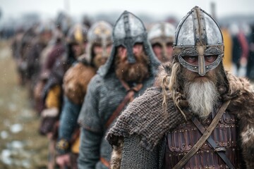 Jorvik Viking Festival procession, Vikings in historical costume, authentic reenactment, winter outdoor scene