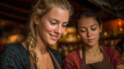 Two women are working in a warm, inviting cafe setting. They are dressed in aprons and appear focused. The image evokes a sense of collaboration and camaraderie.