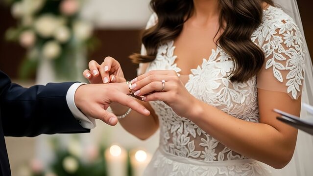 Bride and groom exchanging wedding rings.