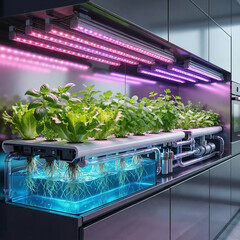Professional indoor vertical farm system with pink led grow lights and nutrient solution for mass production of leafy greens and herbs, future of sustainable agriculture.