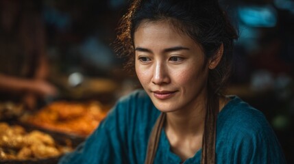 A portrait of a serene Asian woman, exuding a sense of calm contemplation. She has a thoughtful expression on her face