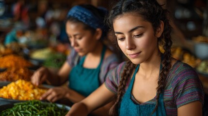 Two women at a food market, showcasing fresh produce with focus and concentration. The scene evokes a sense of local culture and culinary delights. 