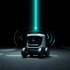 Futuristic small autonomous robot being scanned by a green laser beam on a dark road, artificial intelligence development and robotic sensor calibration concept.