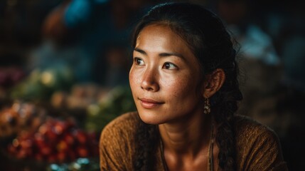 A captivating portrait of a young woman with a serene expression and warm gaze