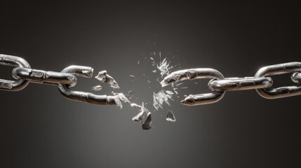 Broken metal chain with one link snapped apart, dramatic lighting on dark neutral background, symbol of freedom and mental release, emotional