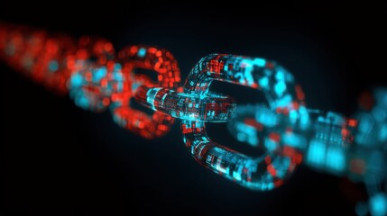 Chain composed of glowing pixels and data blocks, dark tech background, cybersecurity and digital connection concept, vivid colors, sharp modern style