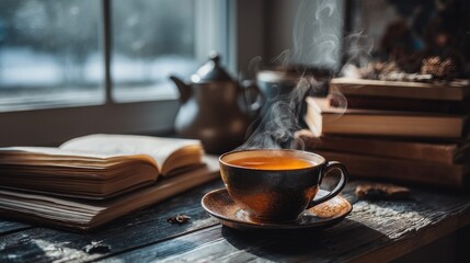 Cozy Scene with Steaming Cup of Tea, Open Book, and Warm Atmosphere in a Rustic Setting with Natural Light and Book Stacks in the Background