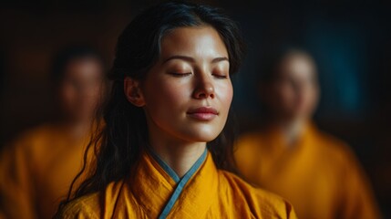 A woman in a yellow robe is meditating, showing peace and tranquility