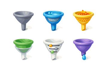 Collection of six colorful funnels with different designs and functions