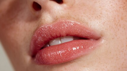 Fototapeta premium Close-up of a woman's shiny, plump lips with subtle freckles, conveying beauty and sensuality