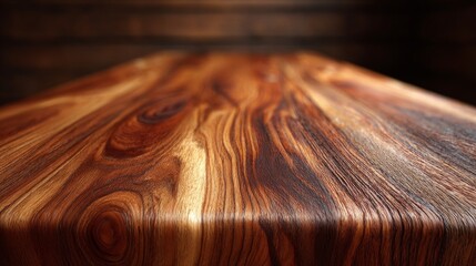 A close-up shot of a smooth wooden surface, showcasing the natural wood grain and textures. The wood has a rich, warm tone, with a glossy finish