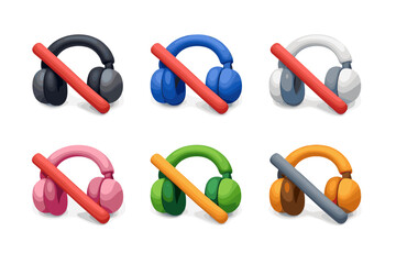 Collection of colorful headphone icons with a prohibition sign, representing no sound