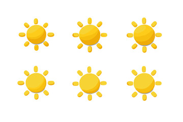 Collection of six cartoon sun icons with bright yellow rays and a gradient effect