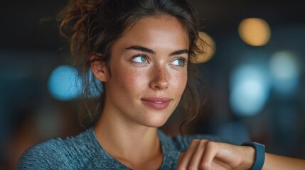 A portrait of a young woman with a fitness tracker, gazing thoughtfully. Her focused expression hints at an active lifestyle, determination, and health awareness