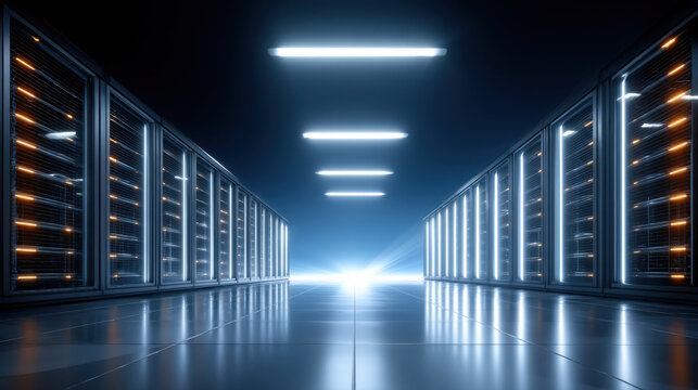 Futuristic data center aisle with glowing server racks and cool blue lighting creating sleek high tech atmosphere - Powered by Adobe