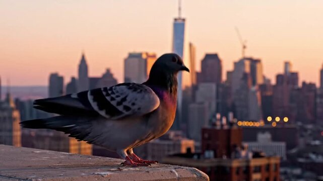 Pigeon perched on rooftop ledge with city skyline at sunset