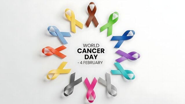 World cancer day observed on 4 february with colorful awareness ribbons representing global solidarity.